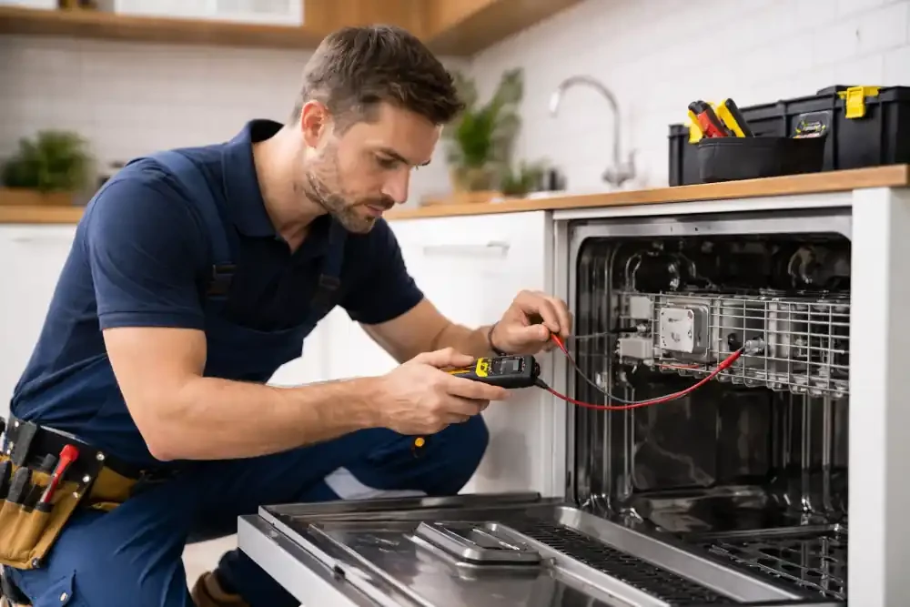 Appliance repair technician testing an open dishwasher in a home kitchen